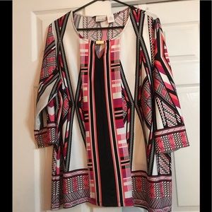 Kim Rogers Red and Black Aztec Print 3/4 Length Sleeve Top Size 1X